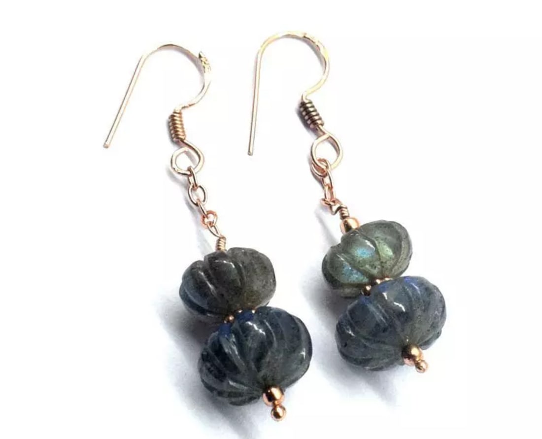 ROSE GOLD SOLID 925 STERLING SILVER EARRINGS - NATURAL LABRADORITE: These are natural, earth mined and hand crafted with precision. Stone: Labradorite, Stone Shape: Rondelle, Stone Size: 9.5 - 12mm, Width - 5 - 7mm, Weight: approx. 28 carats. The photographs are gener