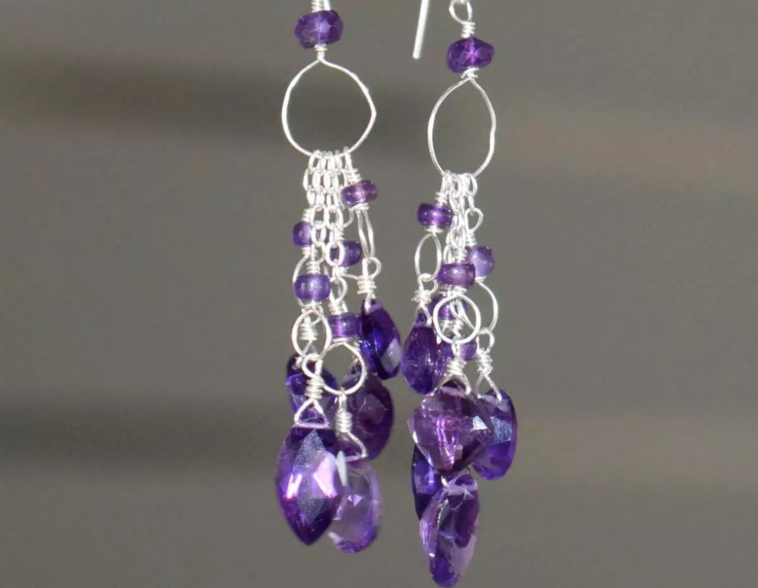 SOLID 925 STERLING SILVER EARRINGS - NATURAL AMETHYST BEADS: These are natural, earth mined and hand crafted with precision. Stone: Amethyst, Stone Shape: Mix, Stone Size: 3mm/5x7 - 8x10/6x12mm, Weight: approx. 23 carats. The photographs are generally enlarged