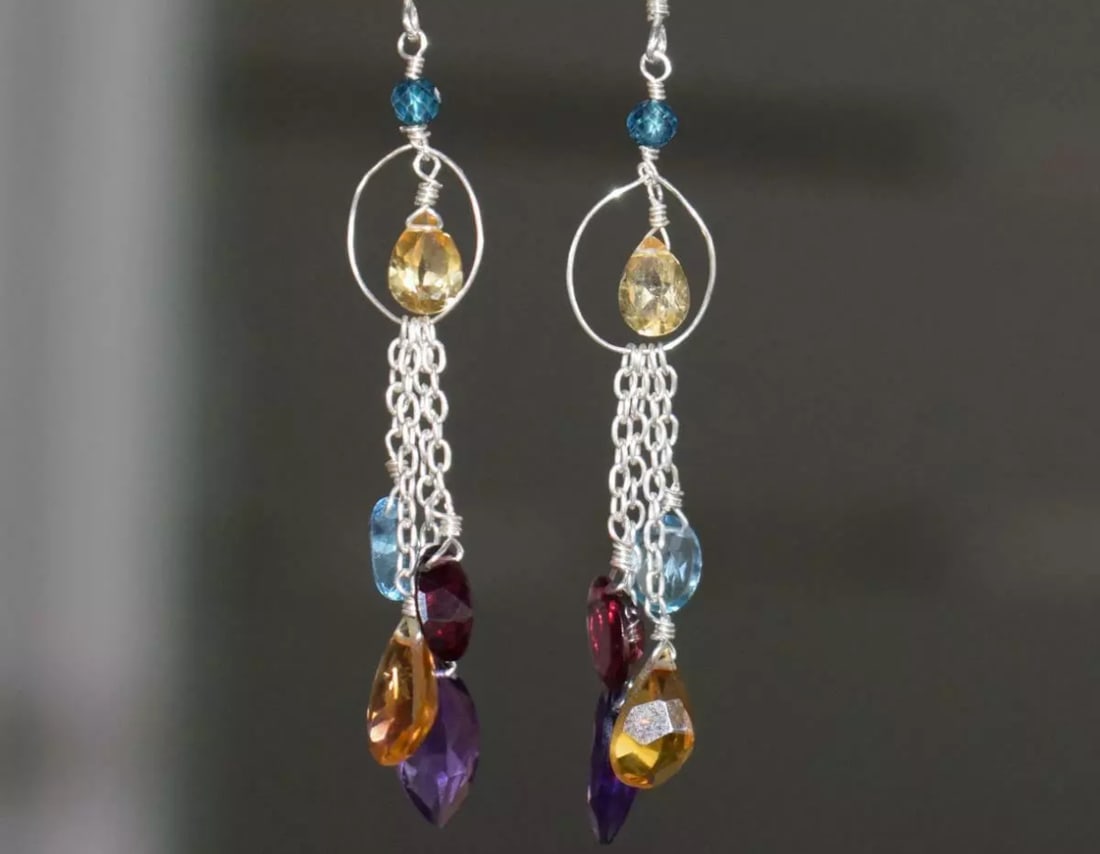 SOLID 925 STERLING SILVER EARRINGS - NATURAL MULTI GEMSTONE BEADS: These are natural, earth mined and hand crafted with precision. Stone: Amethyst/Citrine/Garnet/Topaz, Stone Shape:Mix, Stone Size: 3.5mm/5x7 - 6x12mm, Weight: approx. 17.50 carats. The photographs are