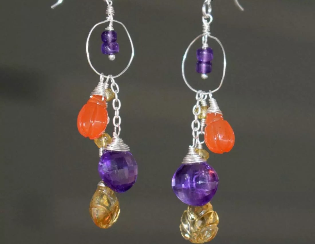 SOLID 925 STERLING SILVER EARRINGS - NATURAL MULTI GEMSTONE BEADS: These are natural, earth mined and hand crafted with precision. Stone: Carnelian/Amethyst/Citrine, Stone Shape: Mix, Stone Size: 3mm/5.5x9 - 9x9mm, Weight: approx. 23 carats. The photographs are gener