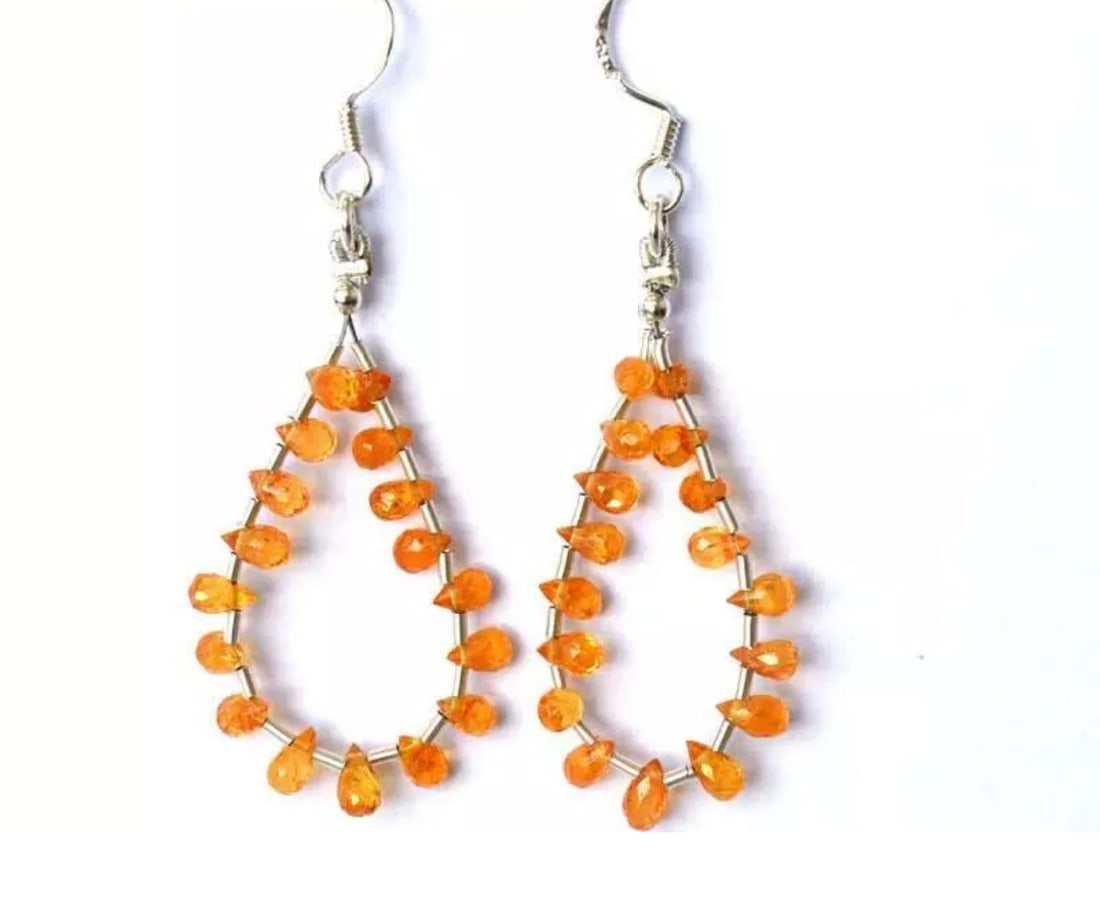 SOLID 925 STERLING SILVER EARRINGS - NATURAL SPESSARTITE GARNET BEADS: These are natural, earth mined and hand crafted with precision. Stone: Spessartite Garnet, Stone Shape: Briolette, Stone Size: 2.5x3.5 - 2.5x4.5mm, Weight: approx. 14 carats. The photographs are gener
