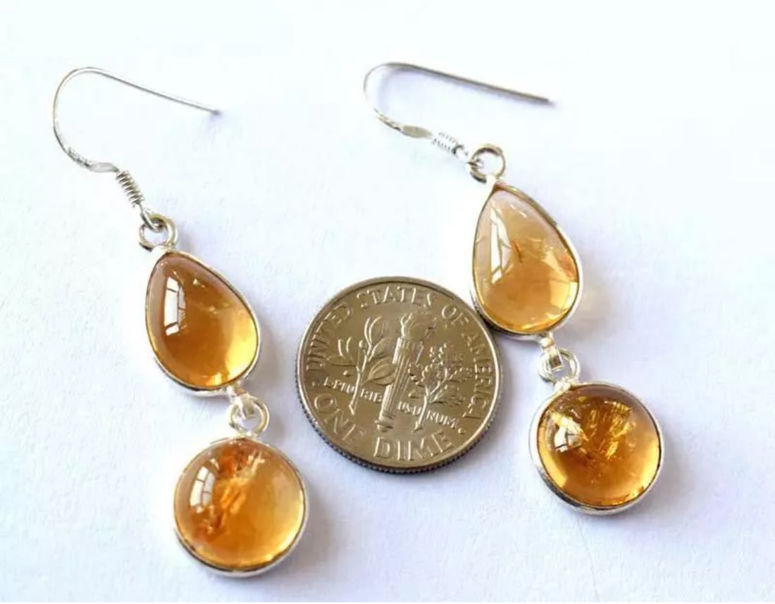 SOLID 925 STERLING SILVER EARRINGS - NATURAL CITRINE: These are natural, earth mined and hand crafted with precision. Stone: Citrine, Stone Shape: Pear/Round, Stone Size: 11mm/8x12mm, Weight: approx. 25 carats. The photographs are generally enlarged to s