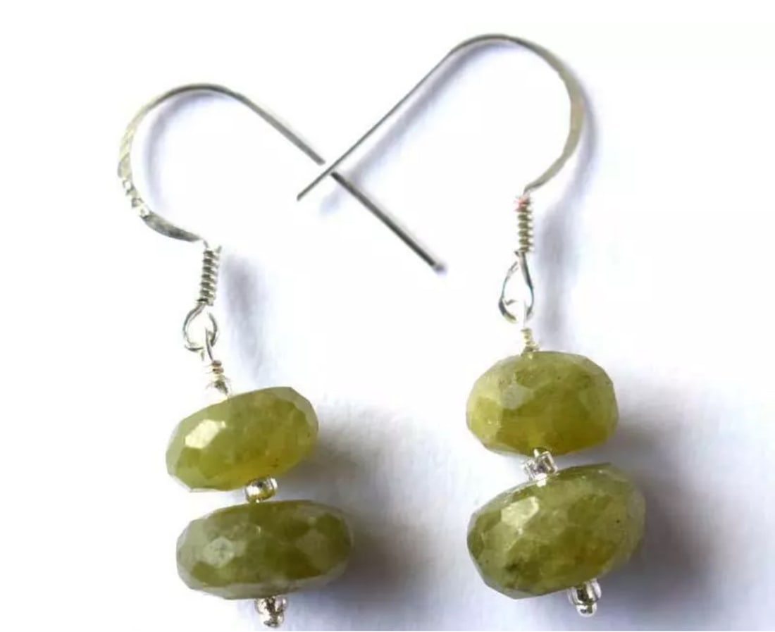 SOLID 925 STERLING SILVER NATURAL VESUVIANITE BEADS EARRINGS: These are natural, earth mined and hand crafted with precision. Stone: Vesuvianite, Stone Shape: Faceted Rondelle, Stone Size: 8 - 9mm, Width - 5 - 6mm, Weight: approx. 15 carats. The photographs are