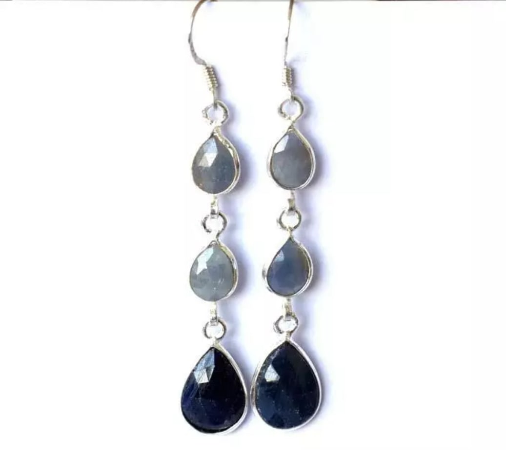 SOLID 925 STERLING SILVER NATURAL BLUE SAPPHIRE EARRINGS: These are natural, earth mined and hand crafted with precision. Stone: Sapphire, Stone Shape: Faceted Pear, Stone Size: 6x8 - 9x12mm, Width - 2.5 - 3mm, Weight: approx. 20 carats. The photographs are
