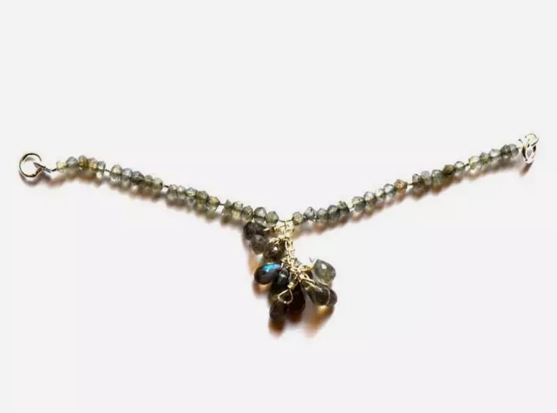 NECKLACE CHARMS (JUMP RINGS) NATURAL LABRADORITE BEADS, SOLID 925 SILVER: Stone: Labradorite, Stone Shape: Faceted Rondelle/Briolette, Stone Size: 3mm/3x4.5 - 3.5x6.5mm, Weight: 11 cts. THEY ARE NATURALEARTH MIND GEMSTONES.4" LENGTH.WITH SOLID 925 STERLING SILVER JUMP RINGS