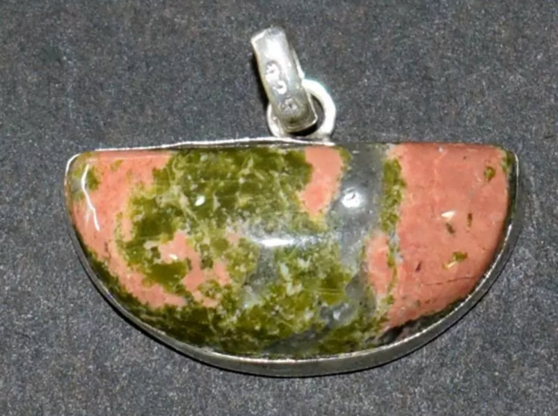 SOLID 925 STERLING SILVER PENDANT - NATURAL UNAKITE JASPER: These are natural, earth mined and hand crafted with precision. Stone: Unakite Jasper, Shape: Fancy, Size: 12x27 mm, Width - 7 mm, Weight: approx. 5 carats. The photographs are enlarged to show the cl