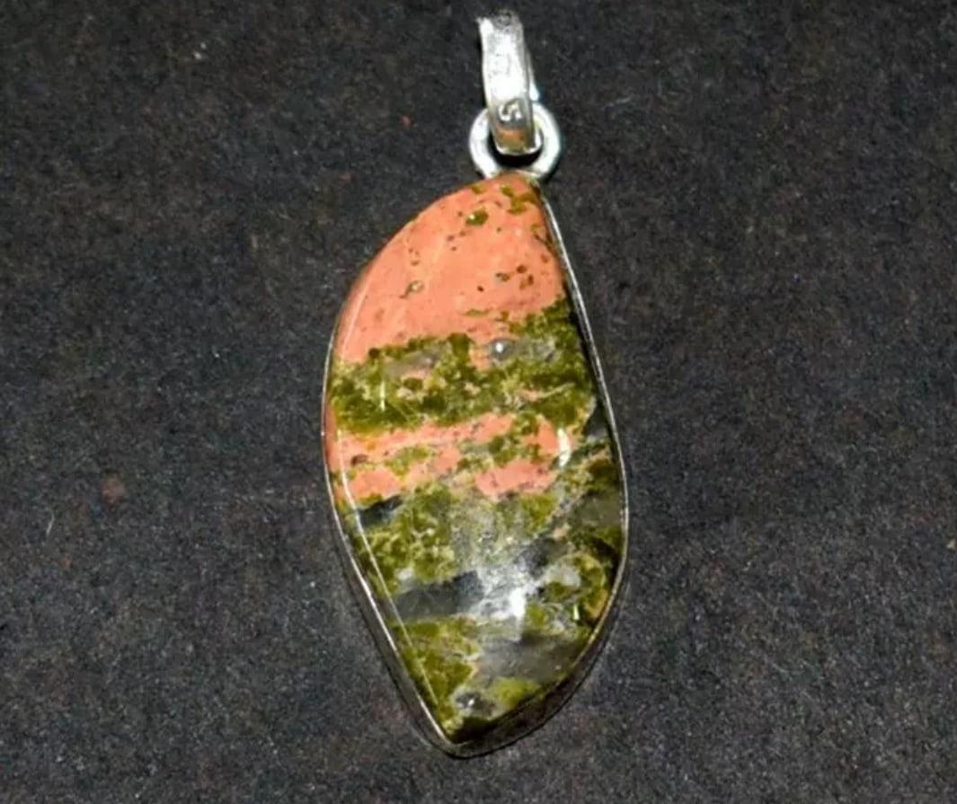 SOLID 925 STERLING SILVER PENDANT - NATURAL UNAKITE JASPER FANCY: These are natural, earth mined and hand crafted with precision. Stone: Unakite Jasper, Shape: Fancy, Size: 13x27 mm, Width - 6 mm, Weight: approx. 24 carats. The photographs are enlarged to show the c