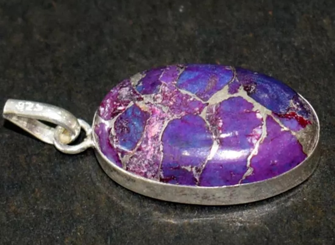 SOLID 925 STERLING SILVER PENDANT - PURPLE COPPER TURQUOISE: These are natural, earth mined and hand crafted with precision. Stone: Purple Copper Turquoise, Shape: Oval, Size: 16x24 mm, Width - 6 mm, Length: 1 3/8", Weight: approx. 27 carats. The photographs ar