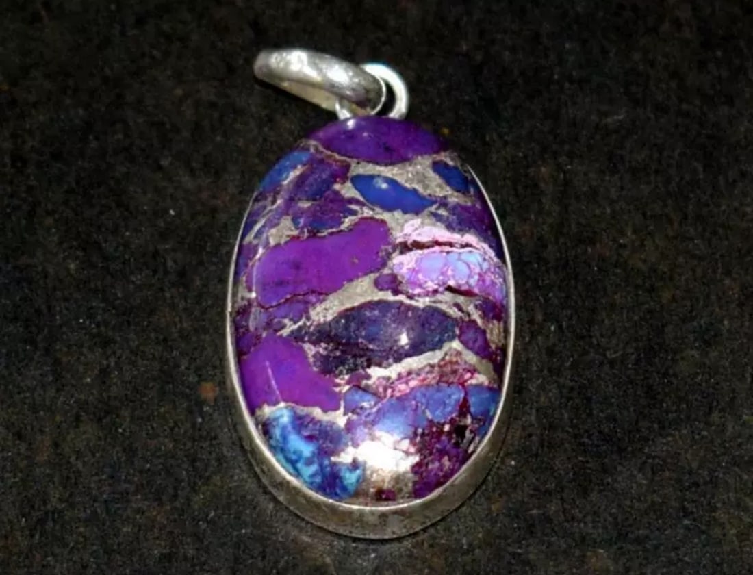 SOLID 925 STERLING SILVER PENDANT - PURPLE COPPER TURQUOISE 1 3/8: These are natural, earth mined and hand crafted with precision. Stone: Purple Copper Turquoise, Shape: Oval, Size: 16x26 mm, Width - 6 mm, Length: 1 3/8", Weight: approx. 28 carats. The photographs ar