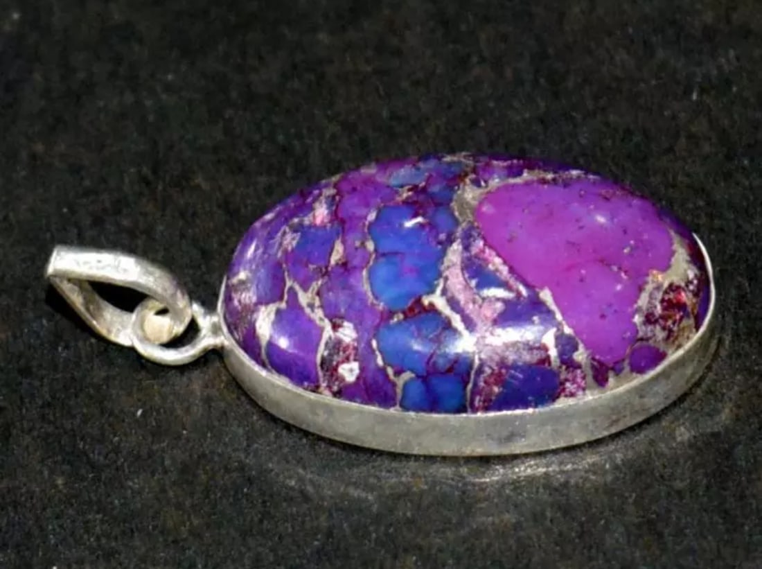 SOLID 925 STERLING SILVER PENDANT - PURPLE COPPER TURQUOISE 1 3/8": These are natural, earth mined and hand crafted with precision. Stone: Purple Copper Turquoise, Shape: Oval, Size: 16x25 mm, Width - 7 mm, Length: 1 3/8", Weight: approx. 29 carats. The photographs ar