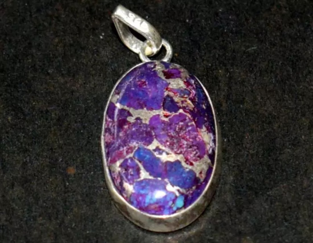 SOLID 925 STERLING SILVER PENDANT - PURPLE COPPER TURQUOISE 1 1/3": These are natural, earth mined and hand crafted with precision. Stone: Purple Copper Turquoise, Shape: Oval, Size: 15x24 mm, Width - 5.5 mm, Length: 1 1/3", Weight: approx. 21 carats. The photographs