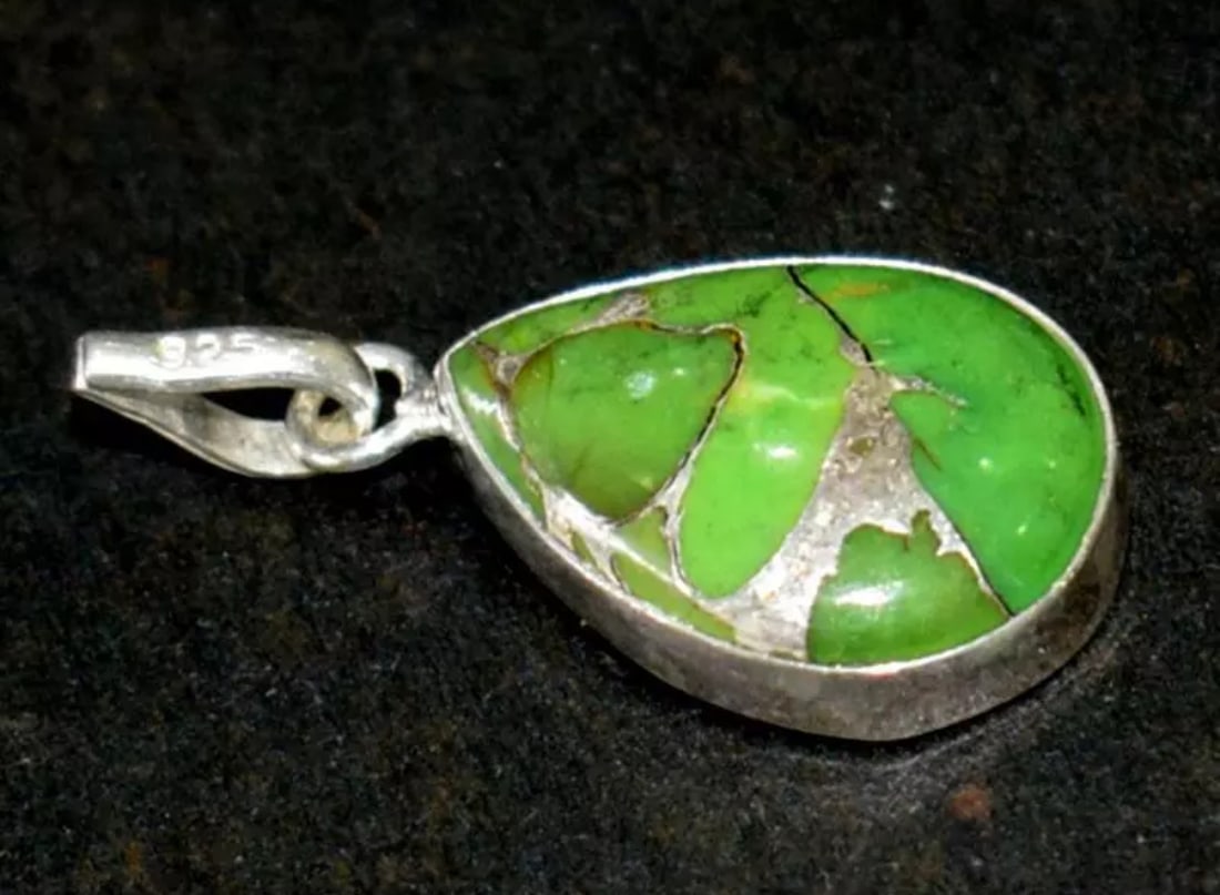 SOLID 925 STERLING SILVER PENDANT - GREEN COPPER TURQUOISE PEAR 1 1/8": These are natural, earth mined and hand crafted with precision. Stone: Green Copper Turquoise, Shape: Pear, Size: 14x19 mm, Width - 4.5 mm, Length: 1 1/8", Weight: approx. 13 carats. The photographs a