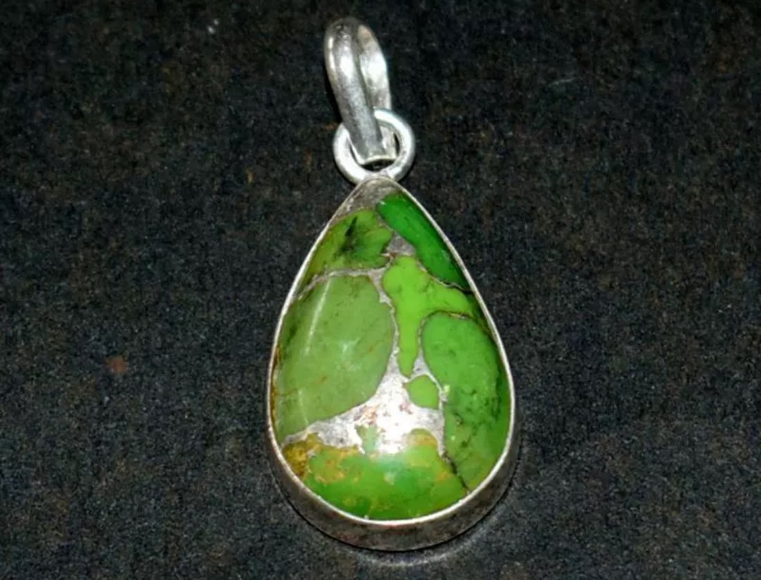 SOLID 925 STERLING SILVER PENDANT - GREEN COPPER TURQUOISE PEAR 1 1/4": These are natural, earth mined and hand crafted with precision. Stone: Green Copper Turquoise, Shape: Pear, Size: 14x20 mm, Width - 5 mm, Length: 1 1/4", Weight: approx. 14.80 carats. The photographs