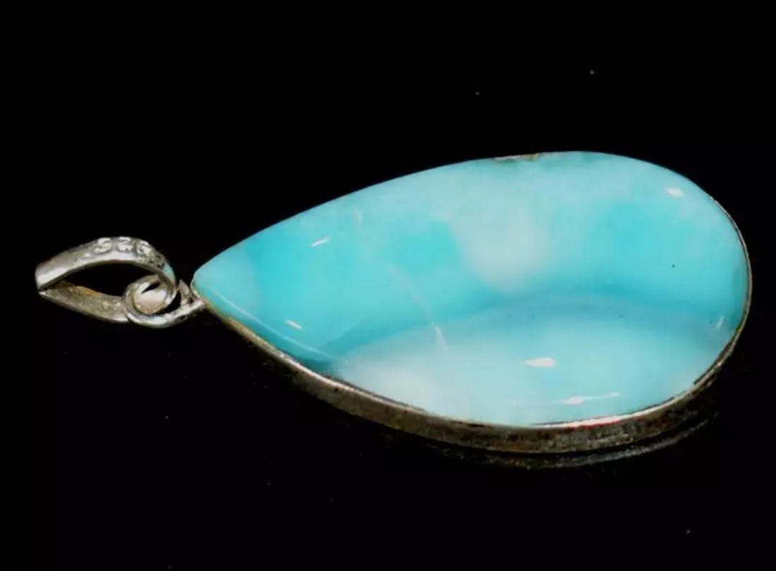 SOLID 925 STERLING SILVER PENDANT - NATURAL LARIMAR PEAR: These are natural, earth mined and hand crafted with precision. Stone: Larimar, Shape: Pear, Size: 21x34 mm, Width: 4 mm, Length: 1 3/4", Weight: approx. 32 carats. The photographs are enlarged to sho