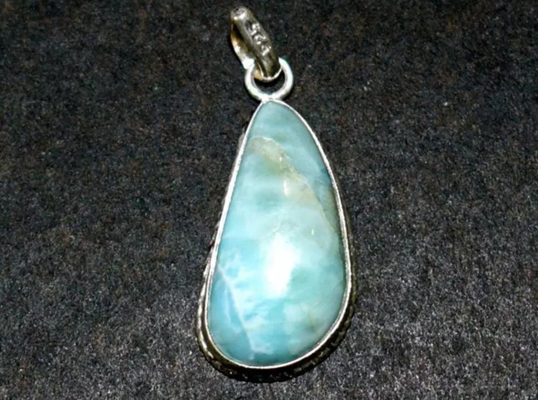 SOLID 925 STERLING SILVER PENDANT - NATURAL LARIMAR FANCY 1 3/8": These are natural, earth mined and hand crafted with precision. Stone: Larimar, Shape: Fancy, Size: 12x24 mm, Width - 7 mm, Length: 1 3/8", Weight: approx. 24 carats. The photographs are enlarged to s