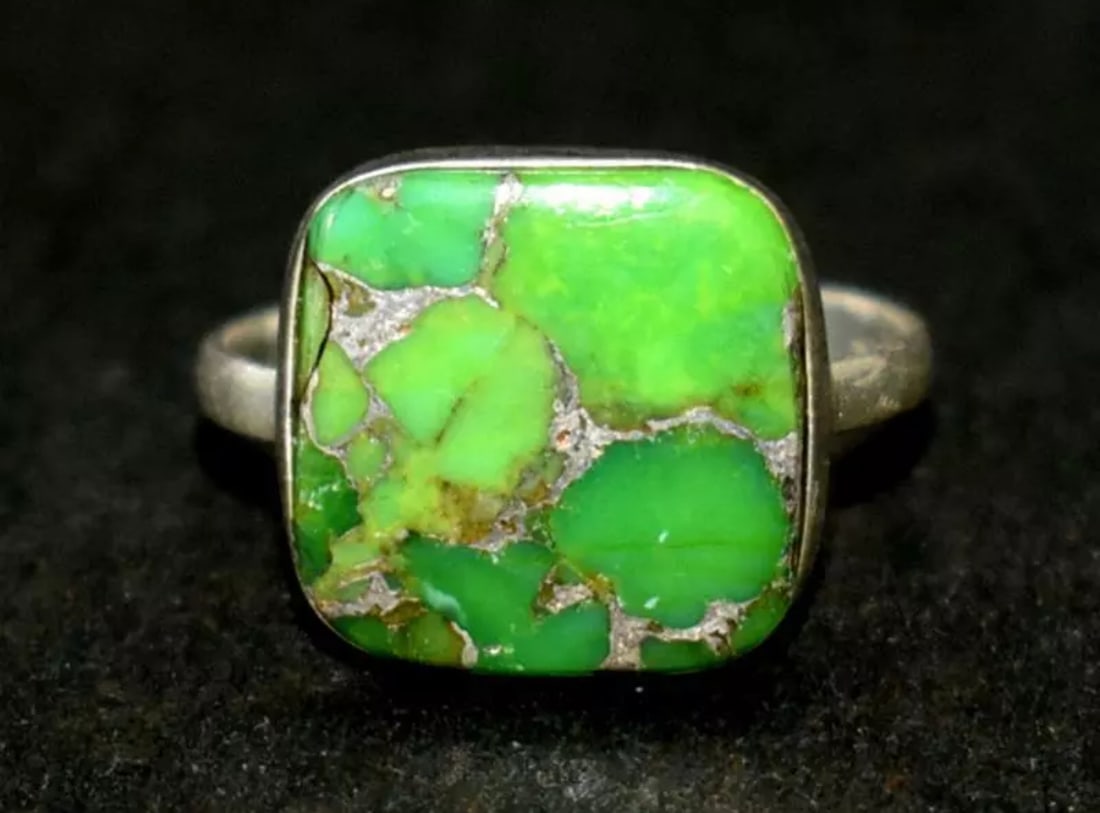 SOLID 925 STERLING SILVER RING - GREEN COPPER TURQUOISE SQUARE: These are natural, earth mined and hand crafted with precision. Stone: Green Copper Turquoise, Shape: Square, Stone Size: 12mm, Ring Size: 6.5mm, Weight: approx. 8 carats. The photographs are enlarged