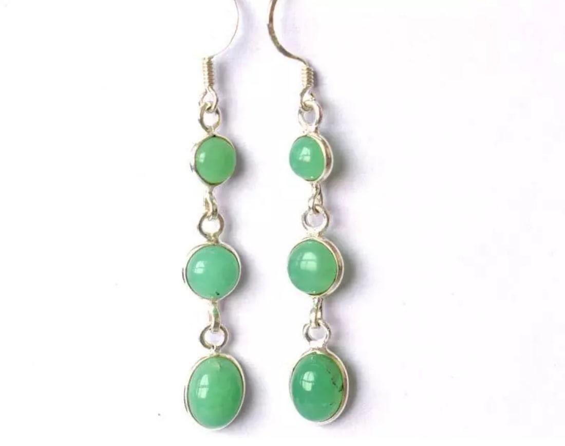 SOLID 925 STERLING SILVER EARRINGS - NATURAL CHRYSOPRASE: These are natural, earth mined and hand crafted with precision. Stone: Chrysoprase, Shape: Oval/Round, Size: 5 - 6 mm/6x8 mm, Width - 3 - 4 mm, Length: 1 7/8", Weight: approx. 12.80 carats. The photog