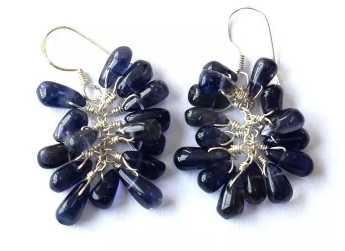SOLID 925 STERLING SILVER EARRINGS - NATURAL IOLITE BEADS: These are natural, earth mined and hand crafted with precision. Stone: Iolite, Shape: Briolette, Size: 3.5x6 - 4x8 mm, Length: 1 1/2", Weight: approx. 34 carats. The photographs are enlarged to show t