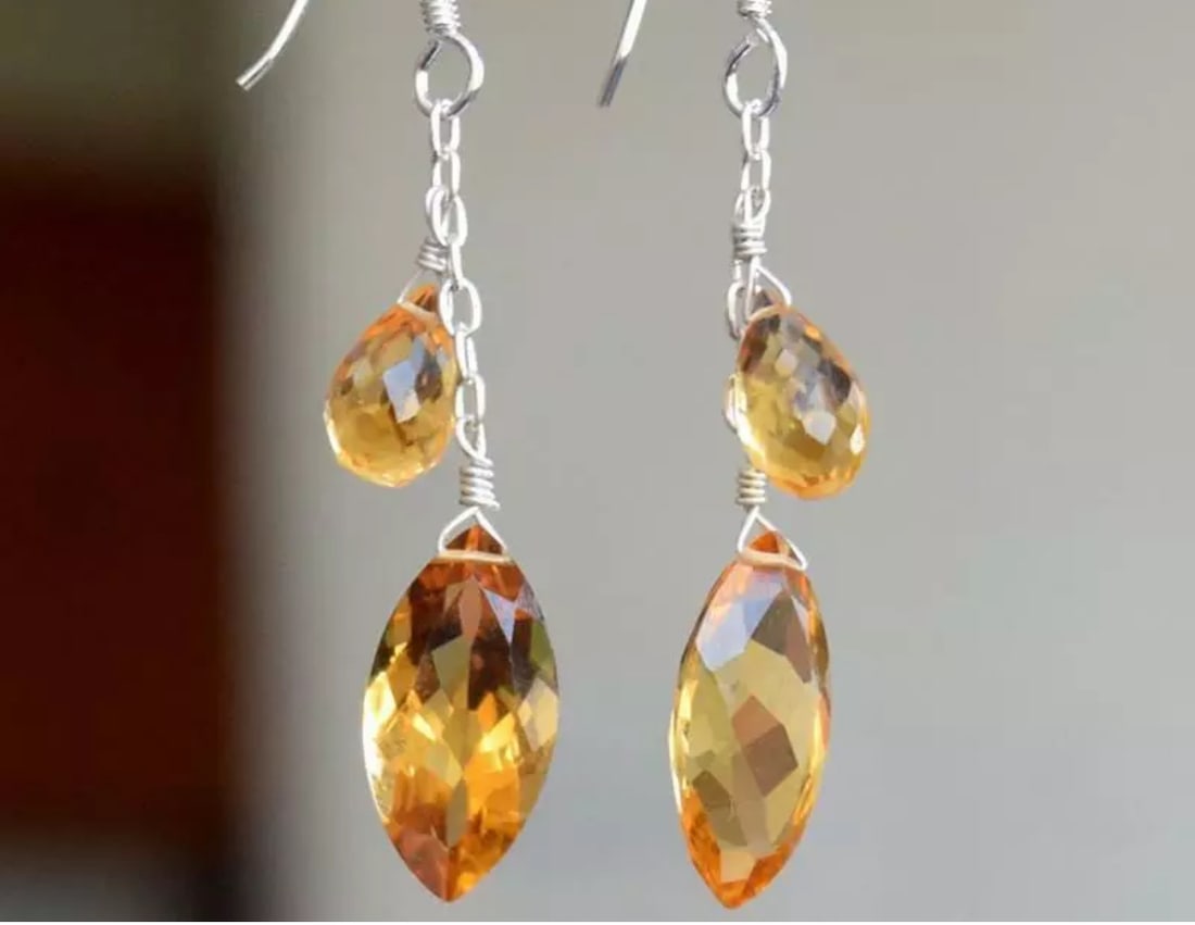 SOLID 925 STERLING SILVER EARRINGS - NATURAL FINE CITRINE BEADS: These are natural, earth mined and hand crafted with precision. Stone: Citrine, Shape: Faceted Briolette/Marquise, Size: 4.5x8.5mm/8x16 mm, Width - 6 mm, Length: 1 3/4", Weight: approx. 13 carats. The