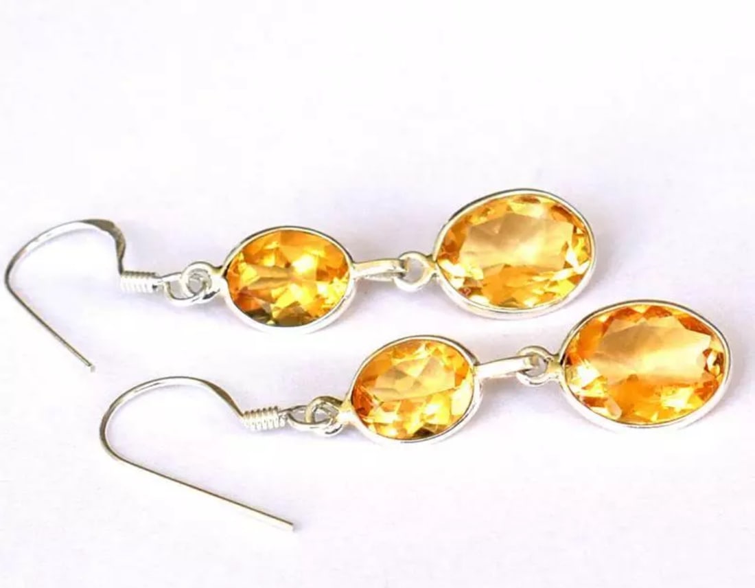 SOLID 925 STERLING SILVER EARRINGS - NATURAL FINE CITRINE OVAL: These are natural, earth mined and hand crafted with precision. Stone: Citrine, Shape: Faceted Oval, Size: 7x9 - 8x10 mm, Width - 4 - 5 mm, Length: 1 5/8", Weight: approx. 13 carats. The photographs a