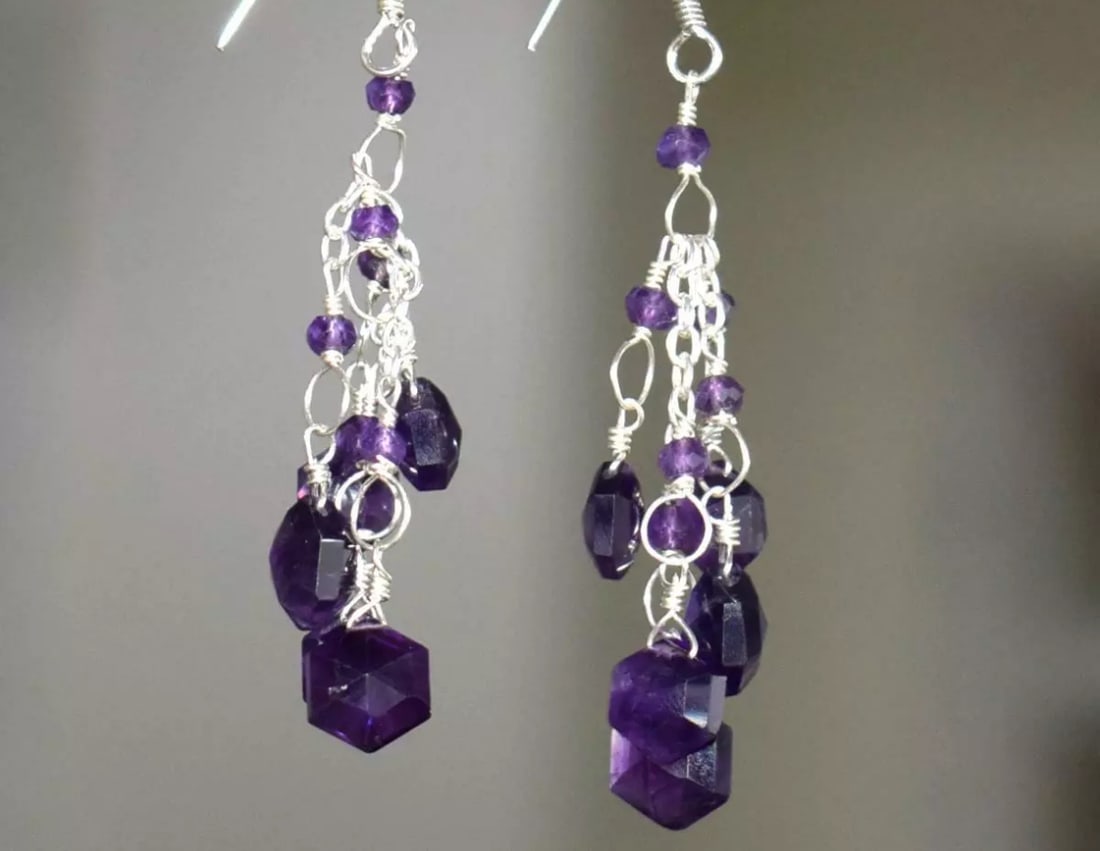 SOLID 925 STERLING SILVER EARRINGS - NATURAL AMETHYST BEADS: These are natural, earth mined and hand crafted with precision. Stone: Amethyst, Shape: Faceted Rondelle/Hexagon, Size: 4 - 8 mm , Width - 3 - 6 mm, Length: 2 3/8", Weight: approx. 31 carats. The phot