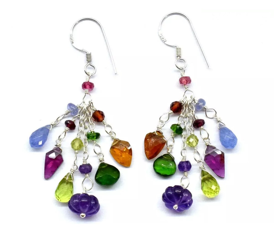SOLID 925 STERLING SILVER EARRINGS - NATURAL MULTI GEMSTONE BEADS: These are natural, earth mined and hand crafted with precision. Stone: Chrome Diopside/Peridot/Amethyst/Garnet/Tanzanite, Shape: Faceted Mix, Size: 3 - 8 mm/4x8 - 4.5x9 mm, Width - 2 - 4.5 mm, Length: