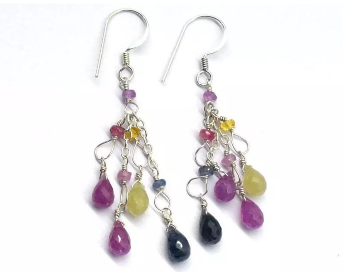 SOLID 925 STERLING SILVER EARRINGS - NATURAL MULTI SAPPHIRE BEADS: These are natural, earth mined and hand crafted with precision. Stone: Multi Sapphire, Shape: Faceted Rondelle/Briolette, Size: 3 mm/4.5x7 - 4.5x8 mm, Width - 2 mm, Length: 2 1/4", Weight: approx. 19