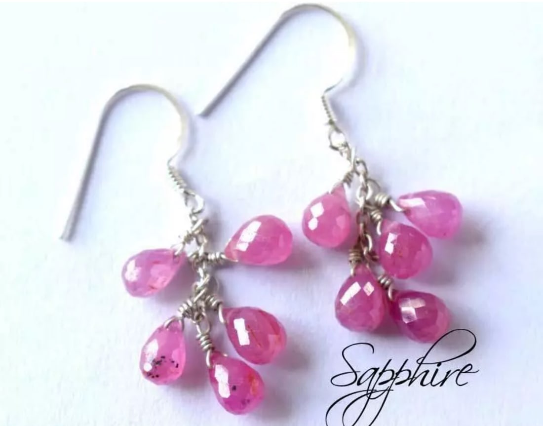 SOLID 925 STERLING SILVER EARRINGS - NATURAL PINK SAPPHIRE: These are natural, earth mined and hand crafted with precision. Stone: Pink Sapphire, Shape: Faceted Briolette, Size: 4.5x6 - 5x7 mm, Length: 1 3/8", Weight: approx. 17 carats. The photographs are enl