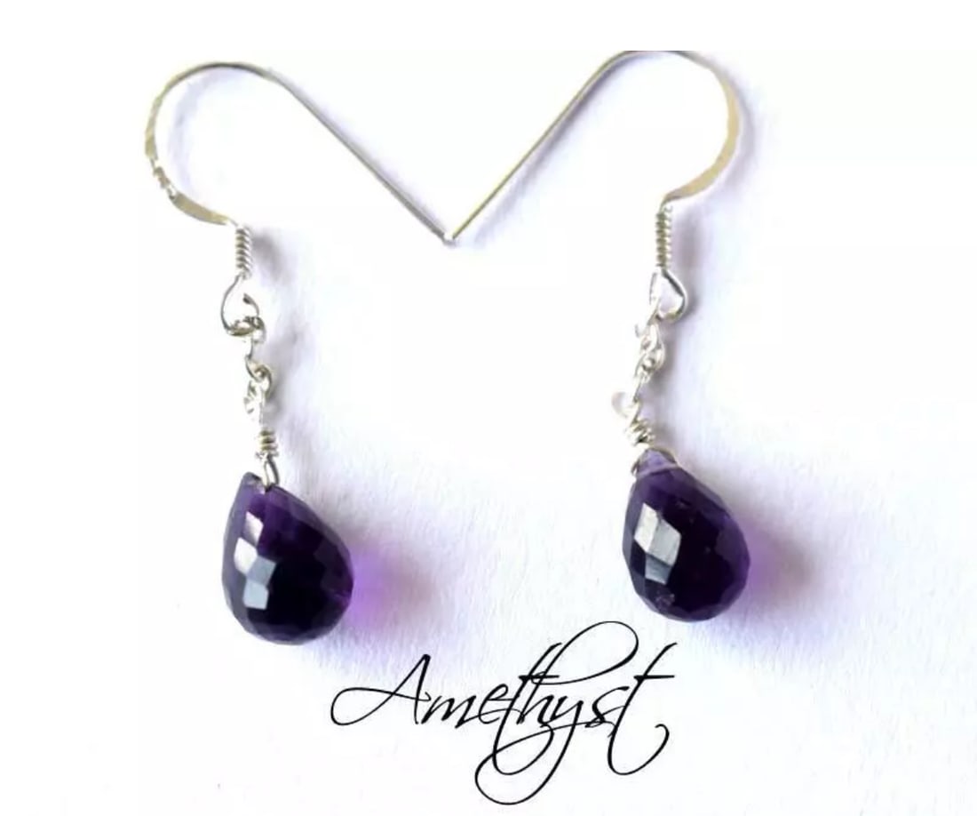 SOLID 925 STERLING SILVER EARRINGS - NATURAL AMETHYST BEADS: These are natural, earth mined and hand crafted with precision. Stone: Amethyst, Shape: Faceted Briolette, Size: 6.5x9 mm, Length: 1 1/8", Weight: approx. 6 carats. The photographs are enlarged to sho