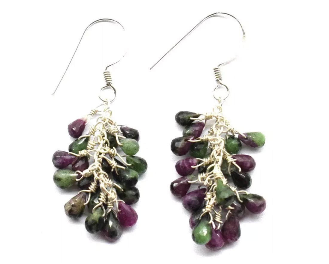 SOLID 925 STERLING SILVER EARRINGS - NATURAL RUBY ZOISITE BEADS: These are natural, earth mined and hand crafted with precision. Stone: Ruby Zosite, Shape: Faceted Briolette, Size: 3x4 - 3.5x5.5 mm, Length: 1 3/4", Weight: approx. 26 carats. The photographs are enl