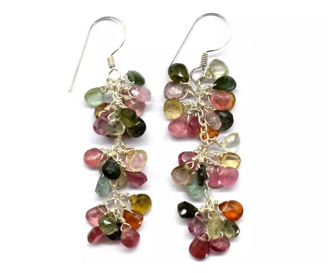 SOLID 925 STERLING SILVER EARRINGS - NATURAL MULTI TOURMALINE: These are natural, earth mined and hand crafted with precision. Stone: Multi Tourmaline, Shape: Faceted Pear, Size: 4 - 5 mm, Width - 2 - 3 mm, Length: 2 1/8", Weight: approx. 34 carats. The photograp