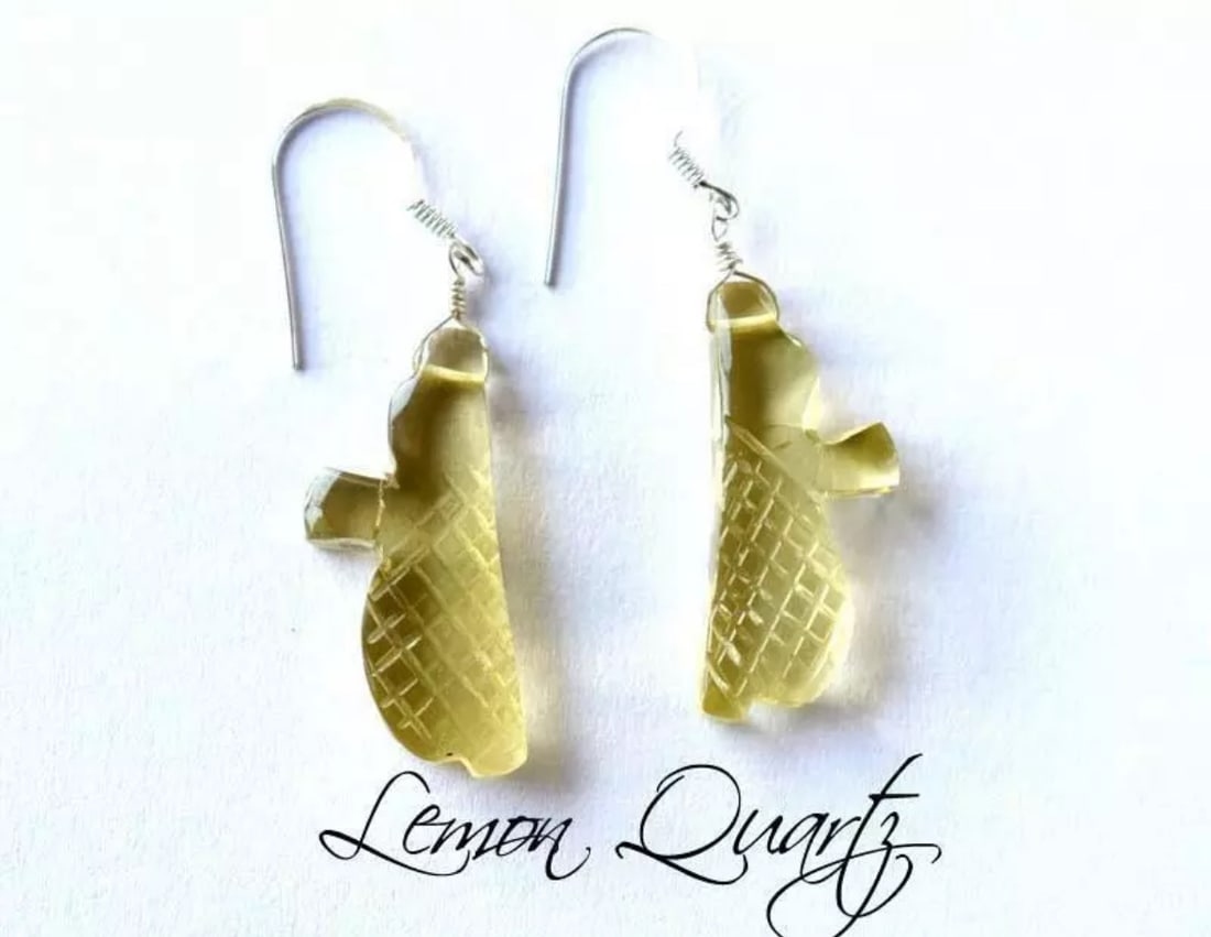 SOLID 925 STERLING SILVER EARRINGS - NATURAL LEMON QUARTZ BEADS: These are natural, earth mined and hand crafted with precision. Stone: Lemon Quartz, Shape: Carved Fancy, Size: 11x26 mm, Width - 5 mm, Length: 1 3/4", Weight: approx. 26 carats. The photographs are e