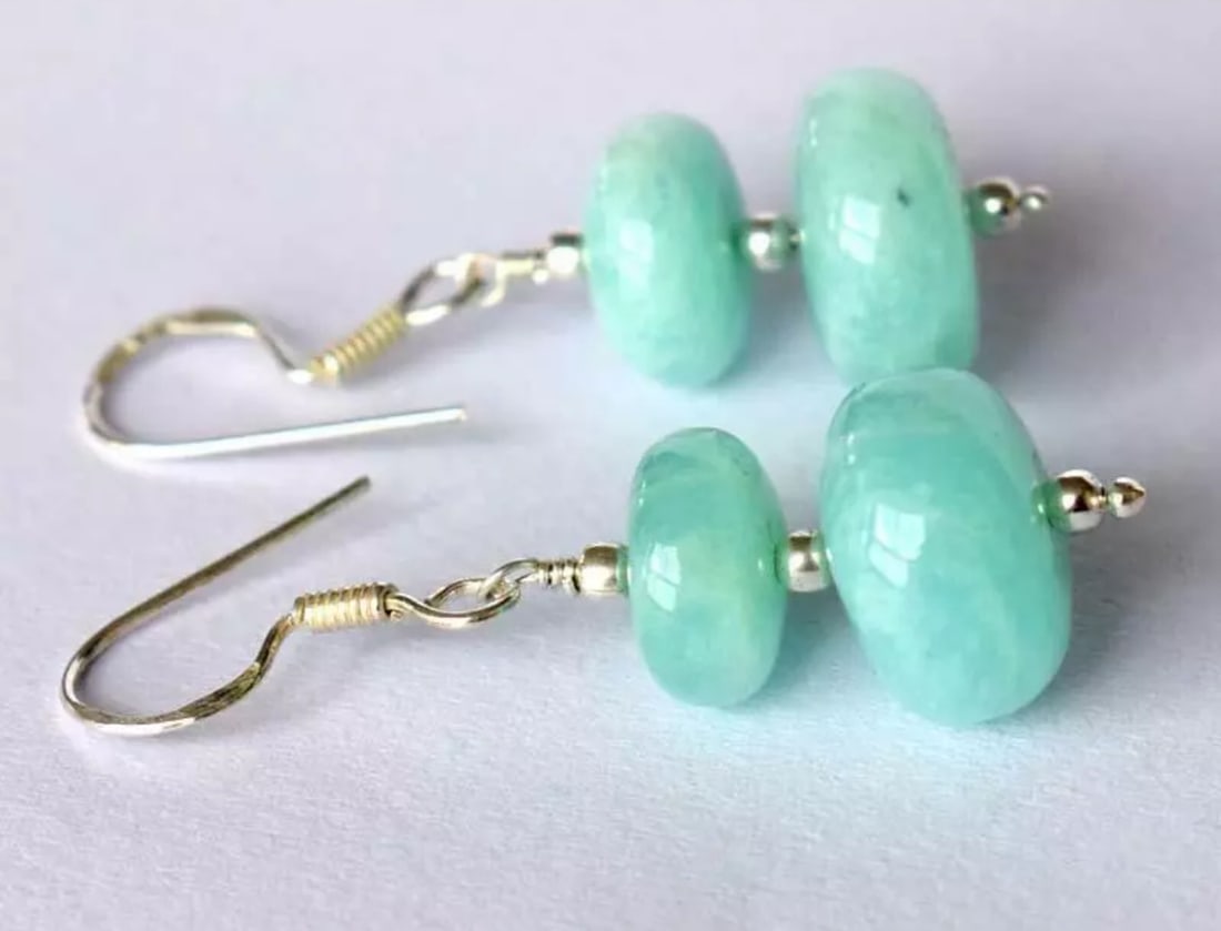 SOLID 925 STERLING SILVER EARRINGS - NATURAL AMAZONITE BEADS: These are natural, earth mined and hand crafted with precision. Stone: Amazonite, Shape: Rondelle, Size: 9.5 - 12.5 mm, Width - 5 - 6 mm, Length: 1 3/8", Weight: approx. 28 carats. The photographs are