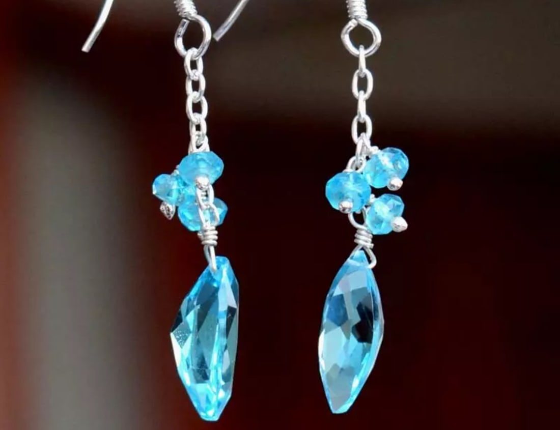 SOLID 925 STERLING SILVER EARRINGS - NATURAL SWISS BLUE TOPAZ: These are natural, earth mined and hand crafted with precision. Stone: Swiss Blue Topaz, Shape: Faceted Rondelle/Marquise, Size: 3.5 mm/7x14 mm, Width - 2 - 4.5 mm, Length: 1 3/4", Weight: approx. 12