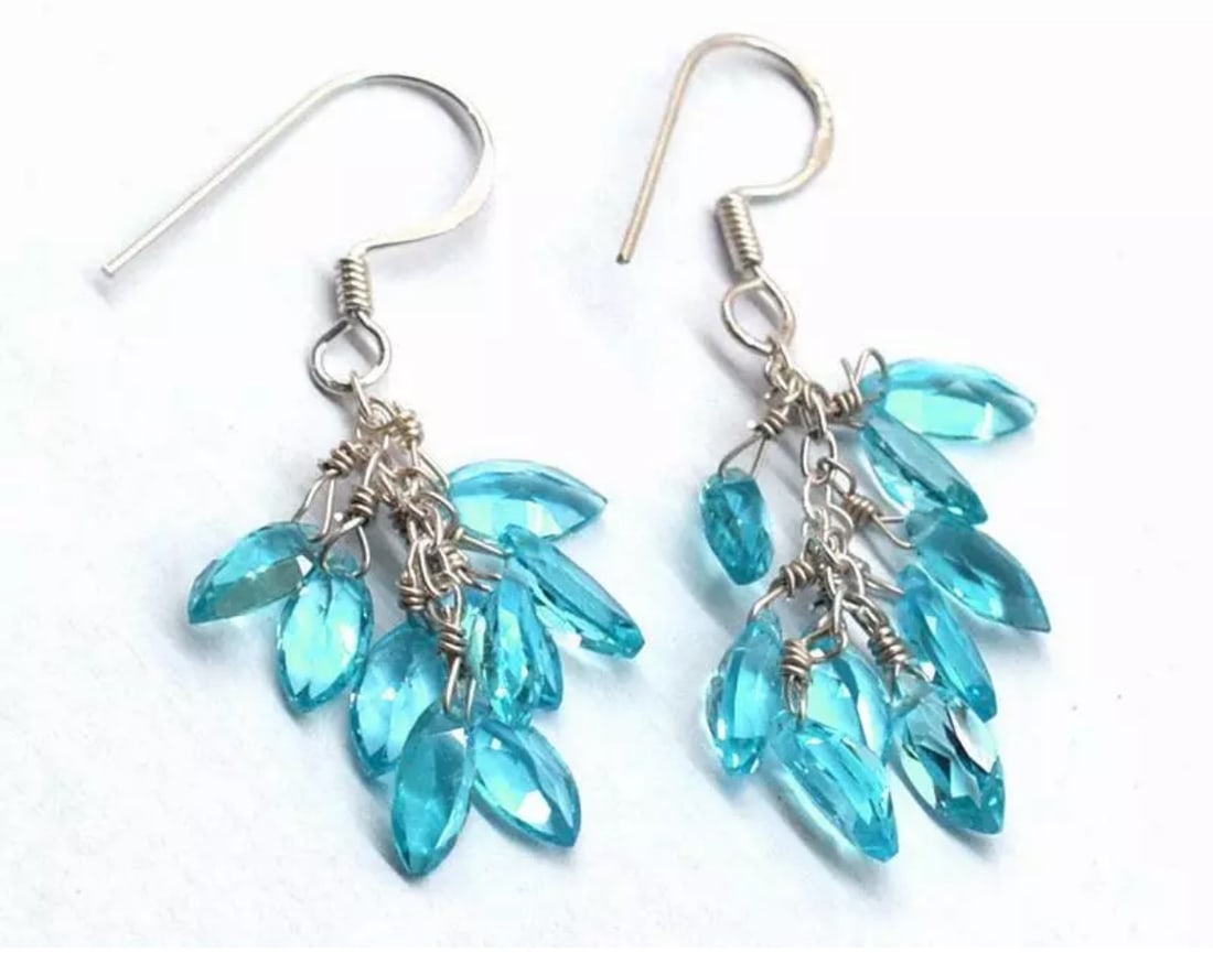 SOLID 925 STERLING SILVER EARRINGS - NATURAL SWISS BLUE TOPAZ: These are natural, earth mined and hand crafted with precision. Stone: Swiss Blue Topaz, Shape: Faceted Marquise, Size: 4x8 mm, Width - 2 - 3 mm, Length: 1 5/8", Weight: approx. 15 carats. The photogr