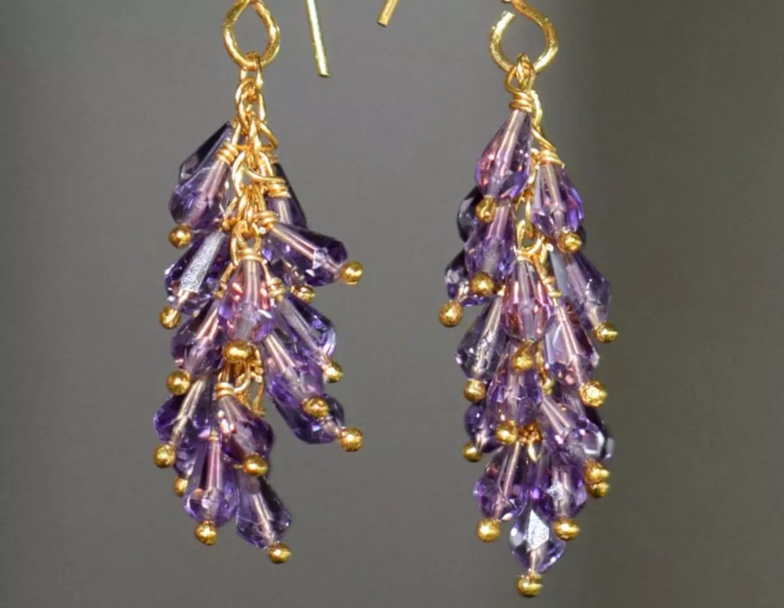 VERMEIL - SOLID 925 SILVER EARRINGS - NATURAL FINE AMETHYST BEADS: These are natural, earth mined and hand crafted with precision. Stone: Amethyst, Shape: Faceted Fancy Briolette, Size: 2.5x4.5 - 3x5 mm, Length: 1 3/8", Weight: approx. 18 carats. The photographs are