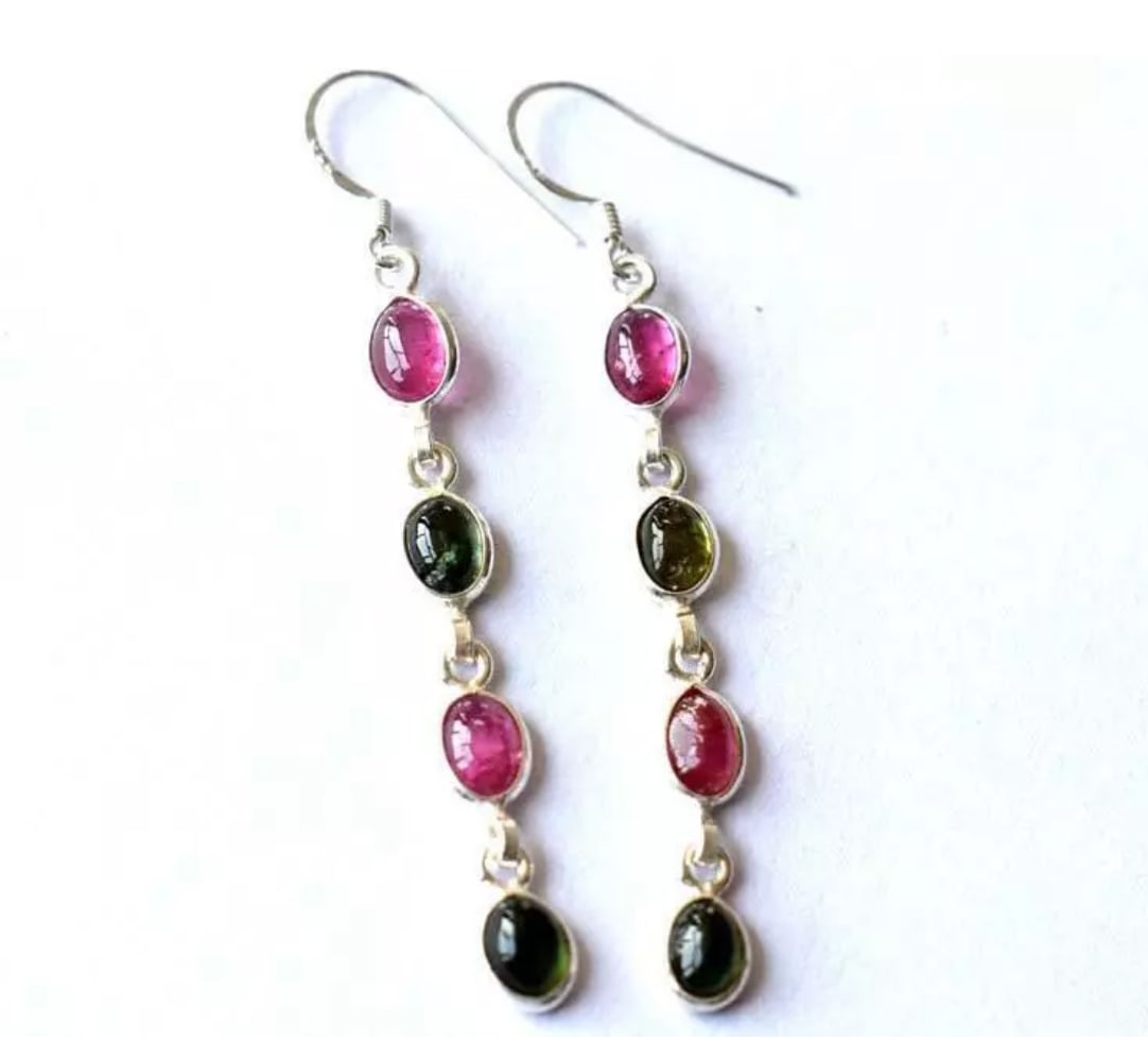 SOLID 925 STERLING SILVER EARRINGS - NATURAL MULTI TOURMALINE: These are natural, earth mined and hand crafted with precision. Stone: Multi Tourmaline, Shape: Oval, Size: 5x7 mm, Width - 2 - 3 mm, Length: 2 1/4", Weight: approx. 13.50 carats. The photographs are