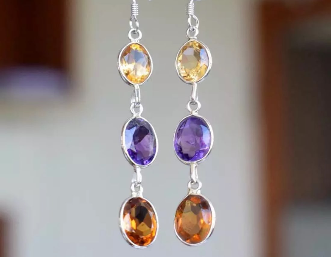 SOLID 925 STERLING SILVER EARRINGS - NATURAL AMETHYST, CITRINE: These are natural, earth mined and hand crafted with precision. Stone: Amethyst/Citrine, Shape: Faceted Oval, Size: 7x9 - 8x10 mm, Width - 4 - 5 mm, Length: 2 1/4", Weight: approx. 17 carats. The phot