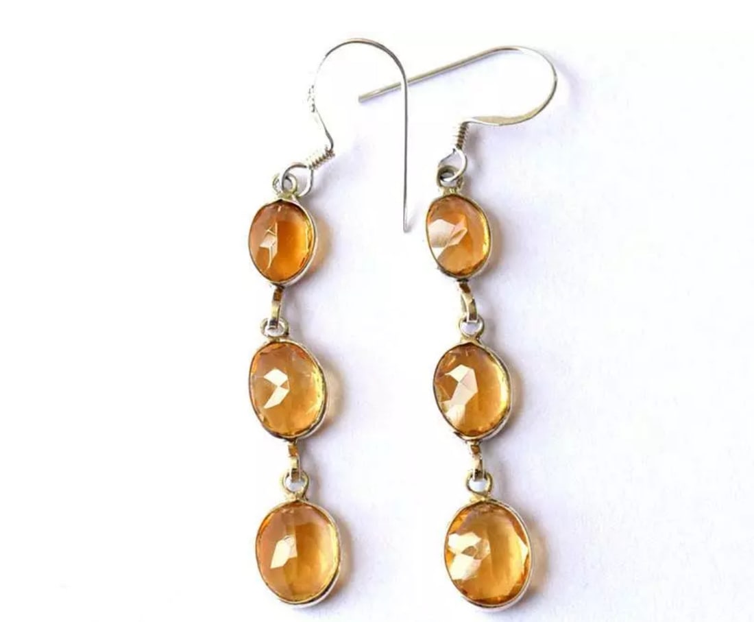 SOLID 925 STERLING SILVER EARRINGS - NATURAL CITRINE OVAL: These are natural, earth mined and hand crafted with precision. Stone: Citrine, Shape: Faceted Oval, Size: 6x8 - 7x9 mm, Width - 4 - 5 mm, Length: 2 1/4", Weight: approx. 16.40 carats. The photographs