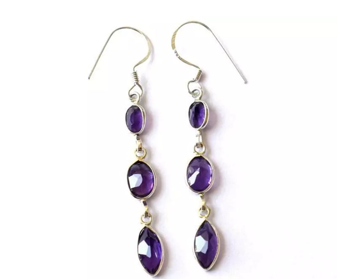 SOLID 925 STERLING SILVER EARRINGS - NATURAL AMETHYST: These are natural, earth mined and hand crafted with precision. Stone: Amethyst, Shape: Faceted Mix Shape, Size: 4x6 - 5x10 mm, Width - 3 - 4 mm, Length: 2 1/8", Weight: approx. 10 carats. The photogr