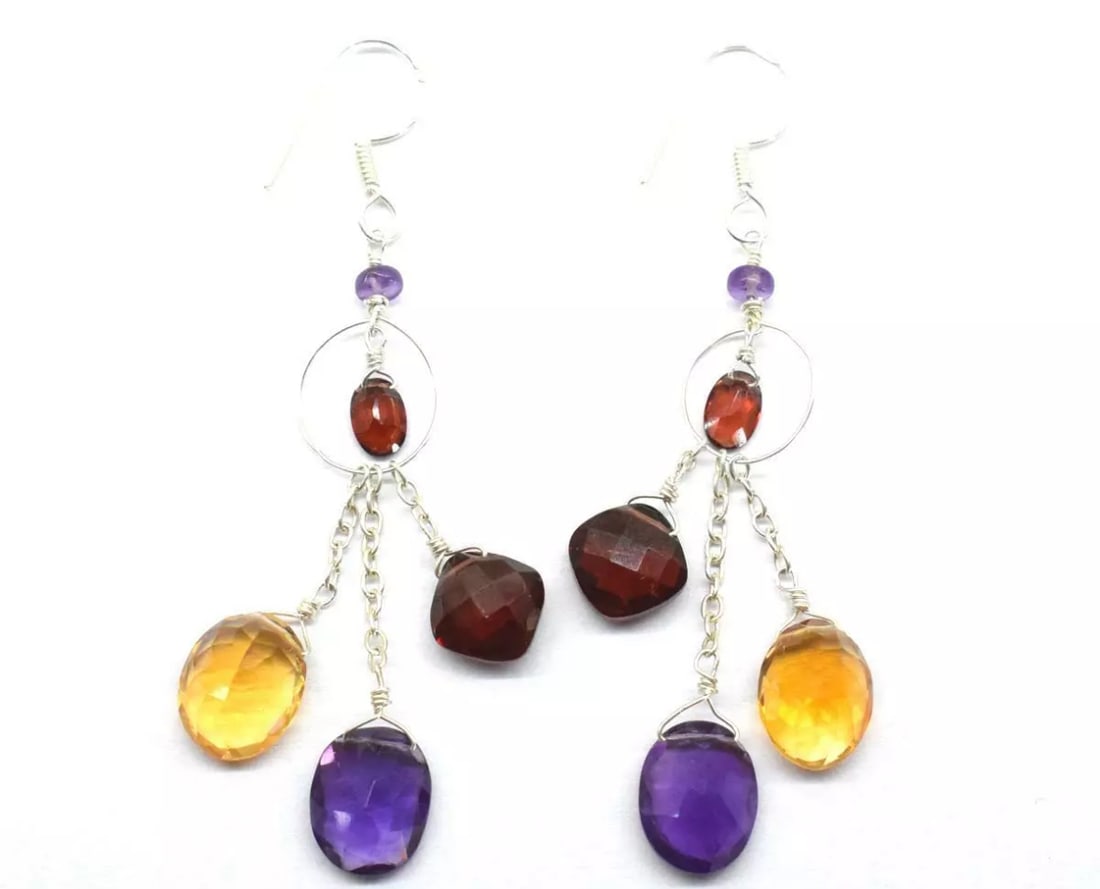 SOLID 925 STERLING SILVER EARRINGS - NATURAL MULTI GEMSTONE BEADS: These are natural, earth mined and hand crafted with precision. Stone: Amethyst/Citrine/Garnet, Shape: Faceted Mix Shape, Size: 3 mm/4x6 - 8x11 mm Width: 2 - 6 mm, Length: 2 3/8", Weight: approx. 23 c