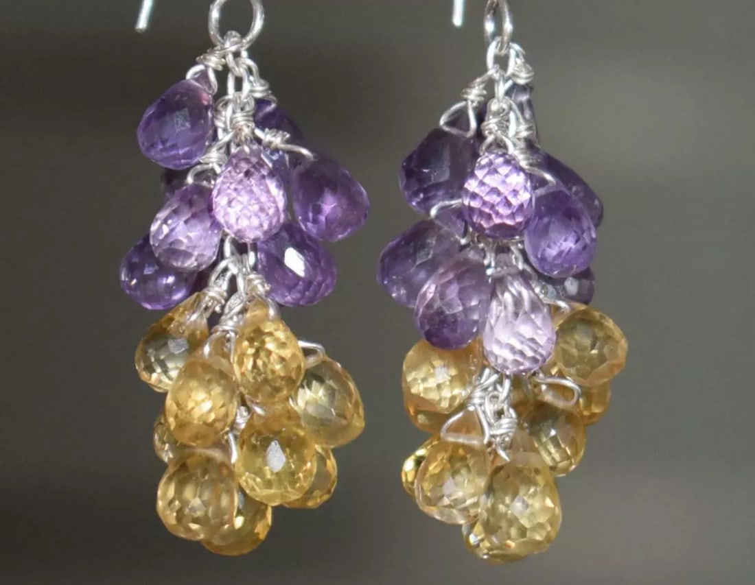 SOLID 925 STERLING SILVER EARRINGS - NATURAL AMETHYST , CITRINE: These are natural, earth mined and hand crafted with precision. Stone: Amethyst/Citrine, Shape: Faceted Briolette, Size: 4x6 - 4.5x7 mm, Length: 1 3/4", Weight: approx. 38 carats. The photographs are