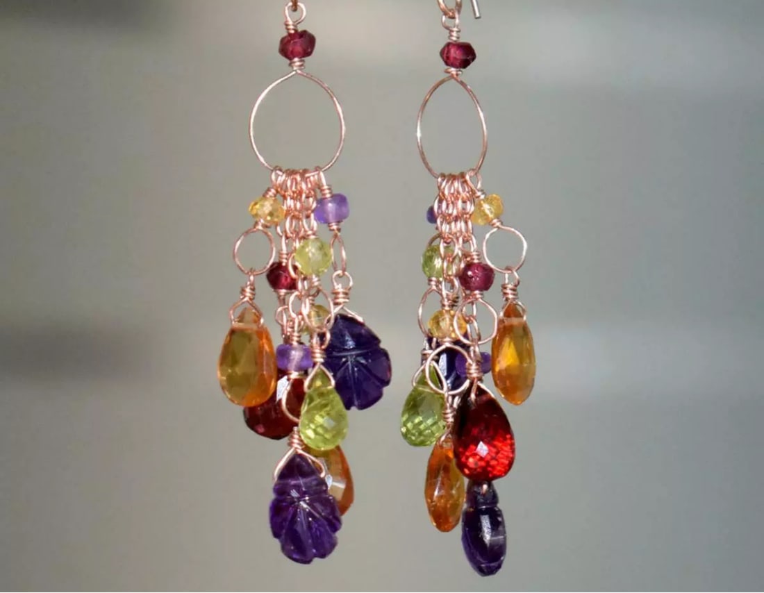ROSE GOLD SOLID 925 SILVER EARRINGS - NATURAL MULTI GEMSTONE BEADS: These are natural, earth mined and hand crafted with precision. Stone: Citrine/Garnet/Peridot/Amethyst, Shape: Faceted Mix Shape, Size: 3 mm/4x7 - 7x9 mm, Width - 2 - 4 mm, Length: 2 1/2", Weight: app