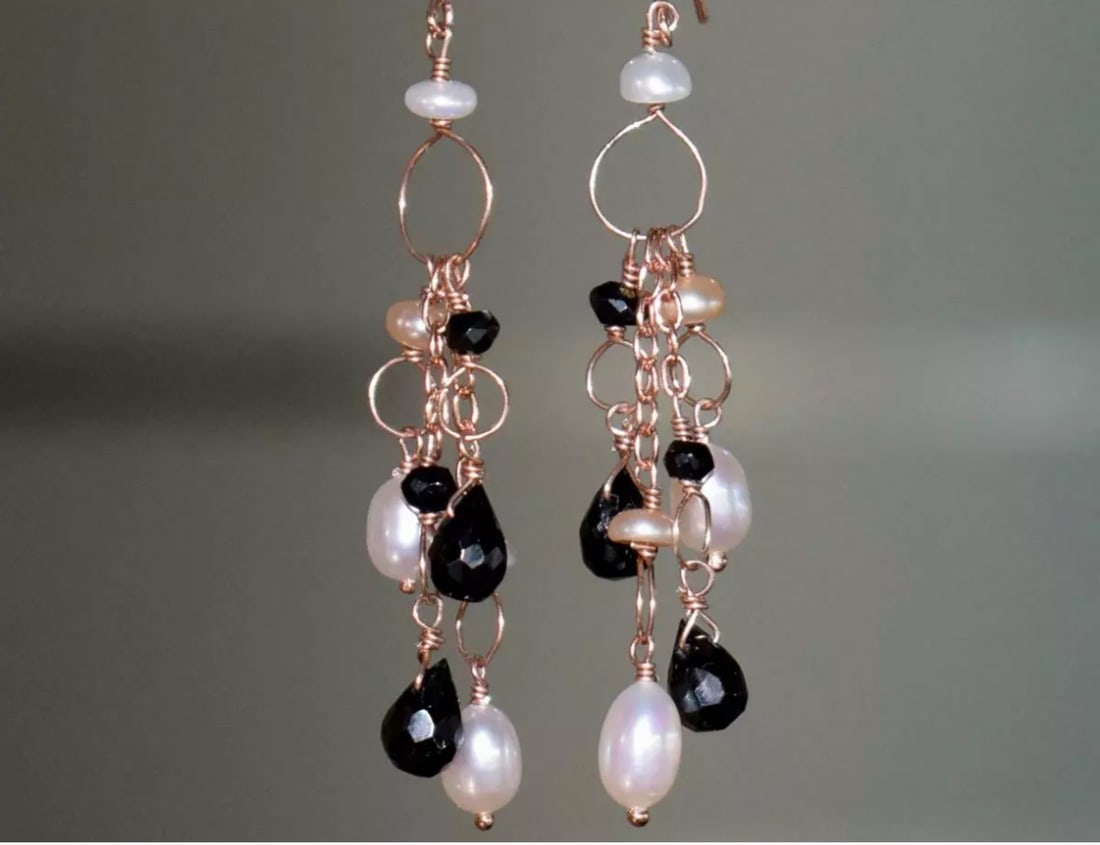 ROSE GOLD SOLID 925 SILVER EARRINGS - BLACK SPINEL , PEARL BEADS: These are natural, earth mined and hand crafted with precision. Stone: Black Spinel/Mother Of Pearl, Shape: Mix Shape, Size: 3 - 4 mm/4.5x6 - 4.5x7 mm, Width - 2 - 2.5 mm, Length: 2 1/4", Weight: appr
