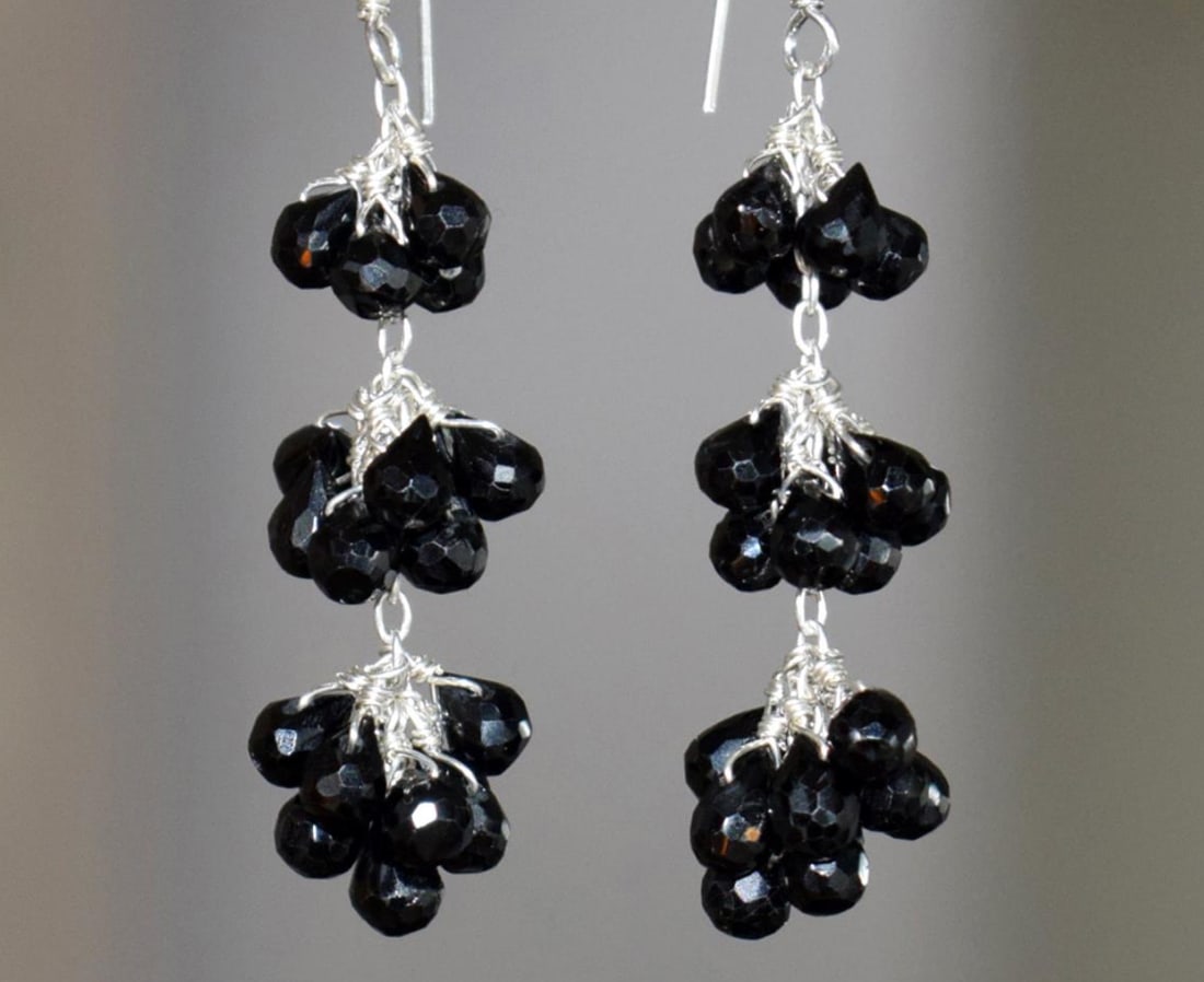 SOLID 925 STERLING SILVER EARRINGS - NATURAL BLACK SPINEL BEADS 2 1/8": Stone : Black Spinel, Shape: Faceted Briolette, Size: 4x5 - 4x6 mm, Weight: 47 Carats, Earrings Length: 2 1/8"