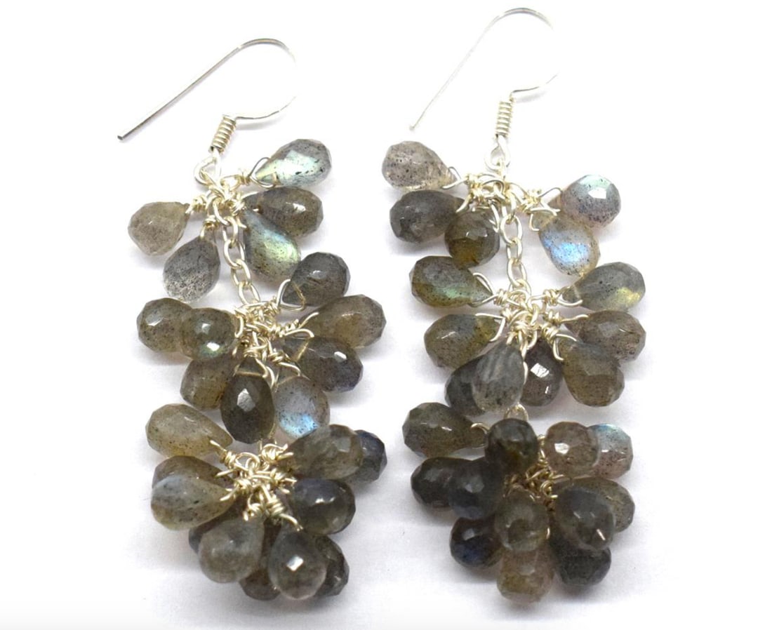 SOLID 925 STERLING SILVER EARRINGS - NATURAL LABRADORITE BEADS 2": Stone: Labradorite, Shape: Faceted Briolette, Size 4x5 - 4.5x7 mm, Weight 46 Carats, Earrings Length 2".