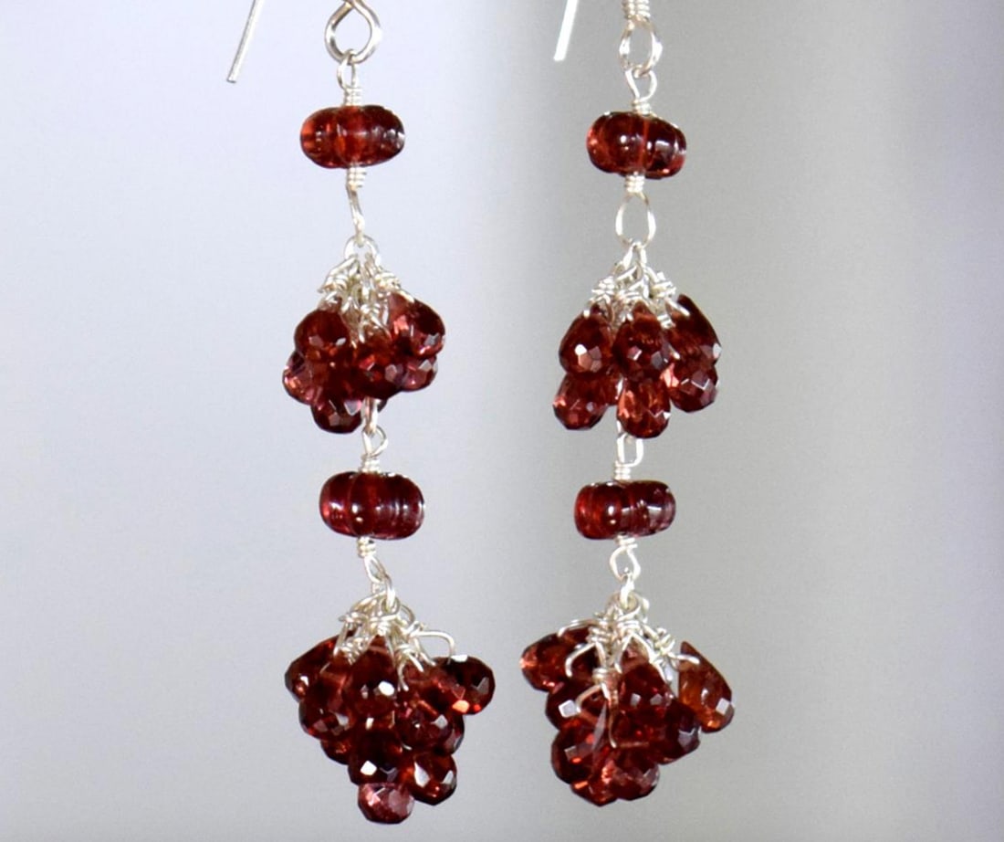 SOLID 925 STERLING SILVER EARRINGS - NATURAL GARNET BEADS 2 1/4": Stone: Garnet, Shape: Faceted Briolette/Carved Rondelle, Size: 5.5 mm/3x4.5 - 3.5x6 mm, Weight: 31 Carats, Earrings Length: 2 1/4".