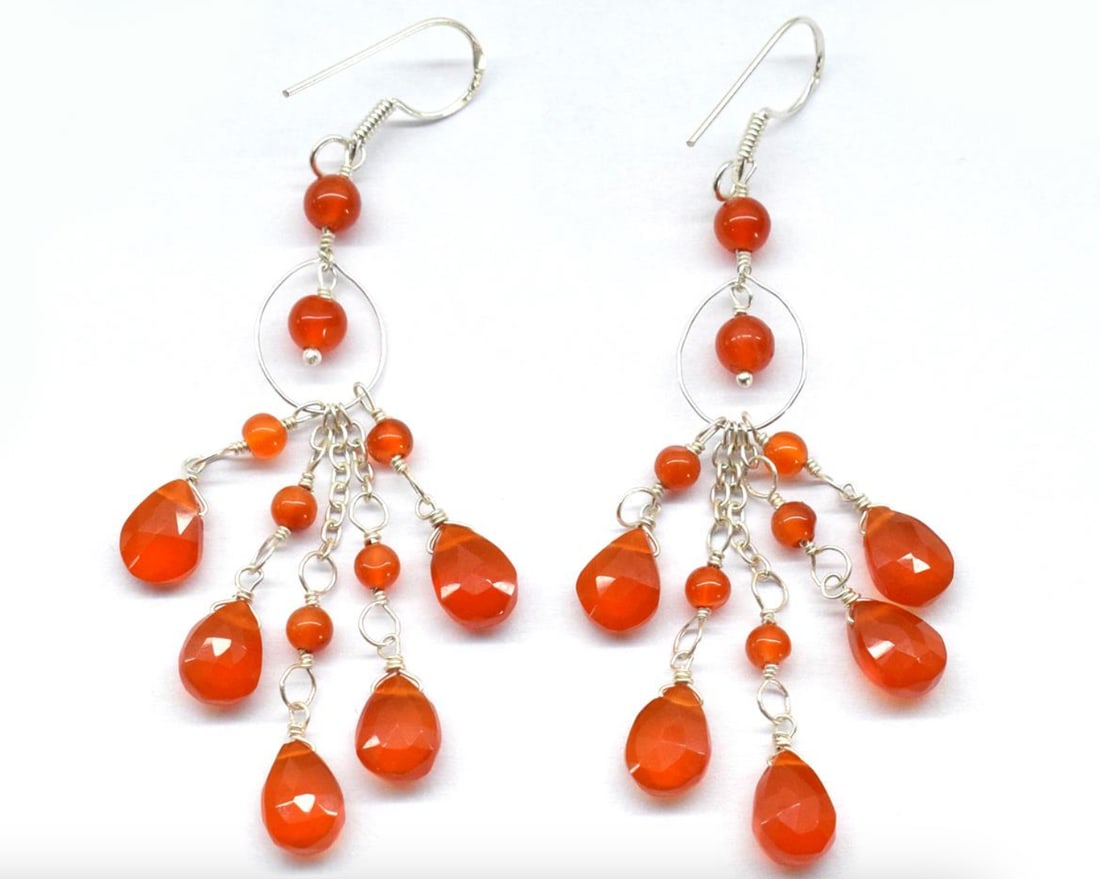 SOLID 925 STERLING SILVER EARRINGS - NATURAL CARNELIAN BEADS 2 3/4": Stone: Carnelian, Shape: Round/Faceted Pear, Size: 3 - 4 mm/ 6x8 mm, Weight: 25 Carats, Earrings Length: 2 3/4".
