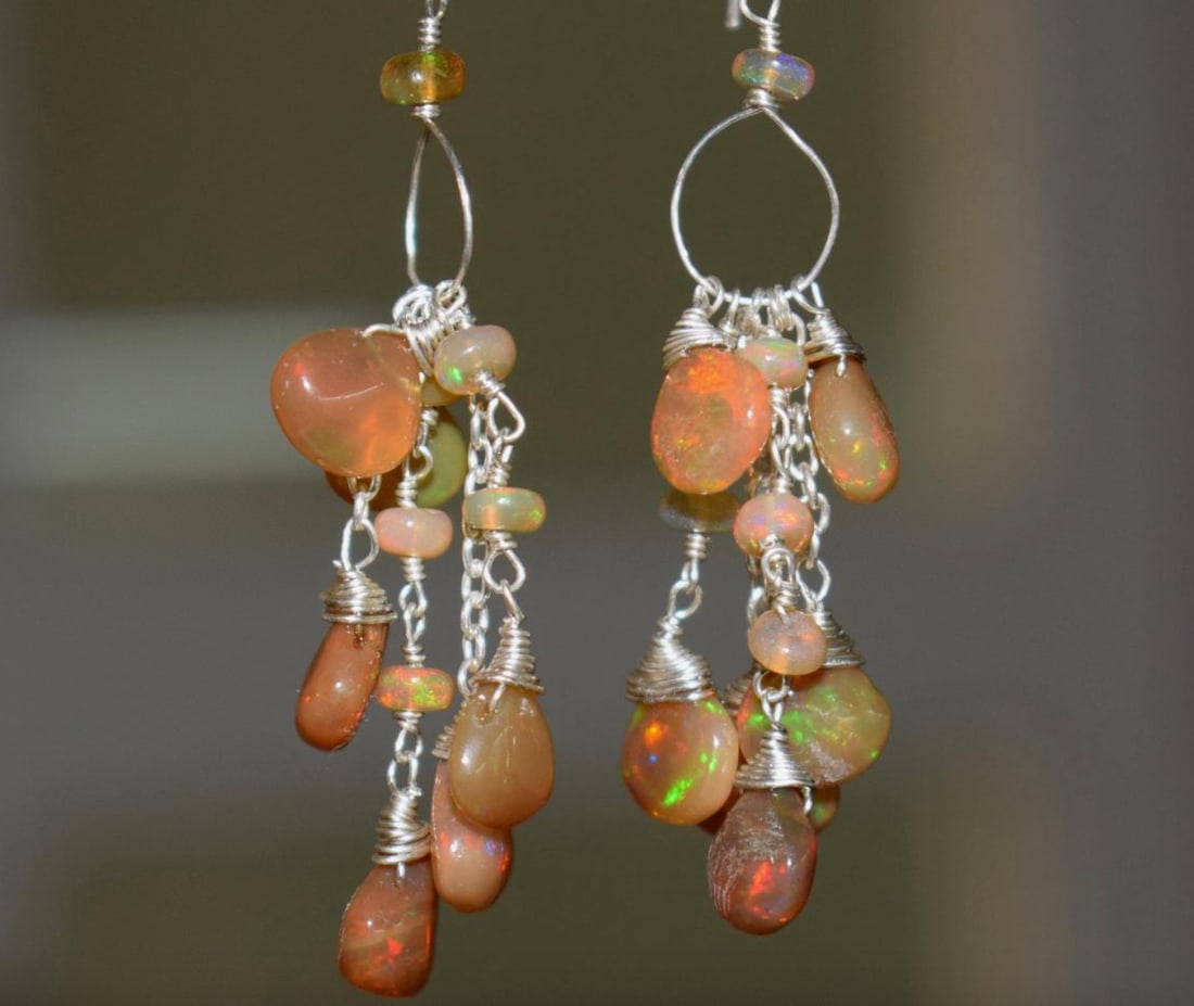 SOLID 925 STERLING SILVER EARRINGS - NATURAL ETHIOPIAN OPAL BEADS 2 3/8": Stone: Ethiopian Opal, Shape: Rondelle/Heart, Size: 3.5 - 8 mm, Width - 2 - 4 mm, Weight: 22 Carats, Earrings Length: 2 3/8".