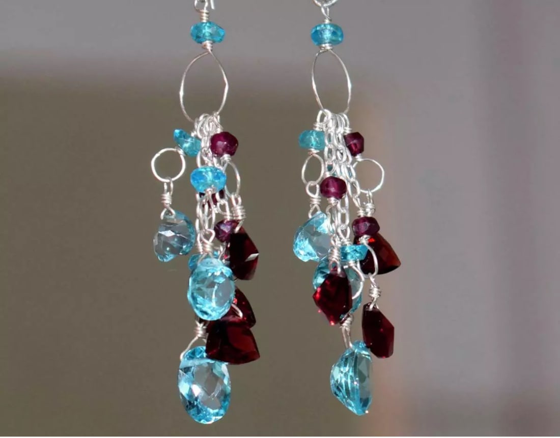 SOLID 925 STERLING SILVER EARRINGS - NATURAL GARNET/TOPAZ BEADS: These are natural, earth mined and hand crafted with precision. Stone: Garnet/Swiss Blue Topaz, Stone Shape: Faceted Mix Shape, Stone Size: 3 - 7 mm 7x9 mm, Width - 1.5 - 2 mm, Length: 2 1/2", Weight: